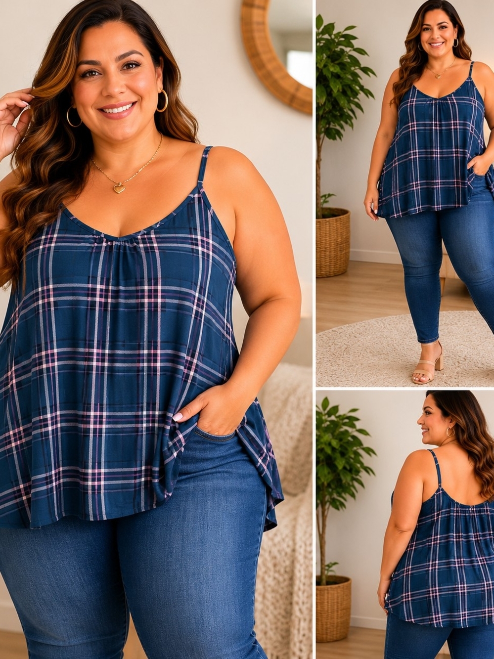 torrid Navy & Light Pink Plaid V-Neck Tank
